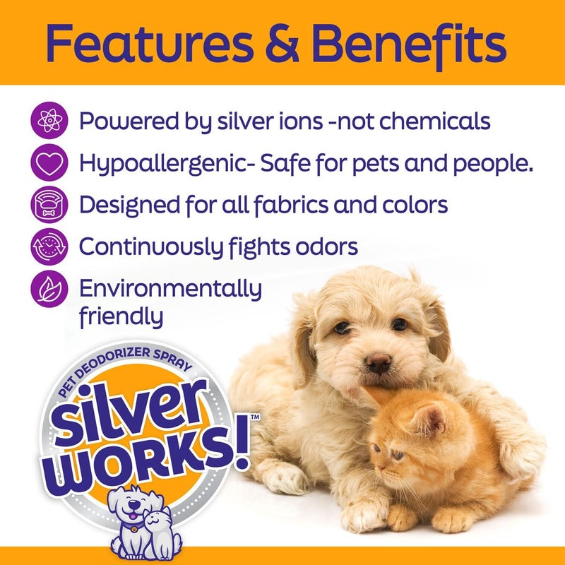 SilverWorks! Pet Odor Eliminator Spray For Home - Safe, Natural, Silver Ion Deodorizer - Cat, Dog Smell And Urine Odor Eliminator For Carpet, Furniture And Litter -16.9oz - Image 2